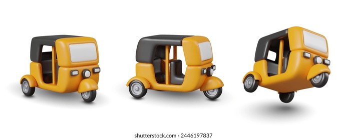 Coche de rickshaw amarillo realista en diferentes posiciones. Conjunto de Ilustraciones vectoriales aisladas