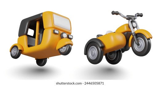 Realistic yellow auto rickshaw car, motorcycle with sidecar. Set of three wheeled vehicles