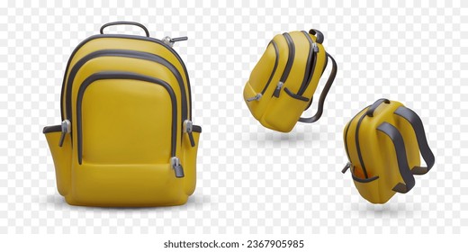 Mochila amarilla realista con cremalleras negras. Objeto vectorial en diferentes posiciones. Bolsa de escolares, estudiantes, vistas desde diferentes lados. Iconos de color para el diseño web