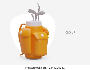 Realistic yellow bag with golf clubs. Professional sports accessories. Staff bag. Concept for sports equipment stores. Horizontal poster on light background