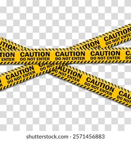 Realistic yellow barricade tape. Police danger warning line. Concept graphic element. Construction sign. Set of danger caution seamless tapes. Creative vector illustration of stripe border