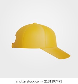 Realistic yellow baseball. Mock up. Side view. Single yellow baseball cap or uniform hat, Template vector illustration isolated on white background.