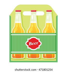 Realistic yellow beer bottles set in the wooden box isolated on the white background. Flat design. Vector illustration. Oktoberfest theme. 