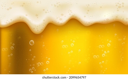 Realistic yellow beer foam. Macro fizzy beers for octoberfest or breweries, golden liquid at border glass, drunk fest, craft lager, tidy vector illustration. Foam beer background, macro and realistic