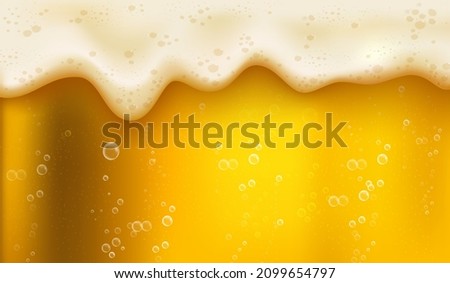 Realistic yellow beer foam. Macro fizzy beers for octoberfest or breweries, golden liquid at border glass, drunk fest, craft lager, tidy vector illustration. Foam beer background, macro and realistic