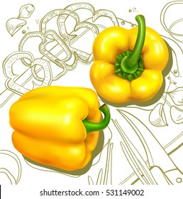 Realistic yellow bell pepper on a cutting board