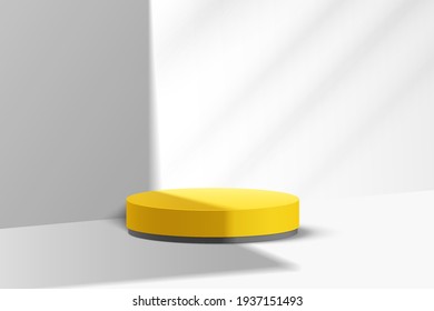 Realistic yellow, black 3d cylinder pedestal podium, White empty room with window light shadow. Abstract vector geometric shape, Mockup products display presentation. Studio room minimal wall scene.