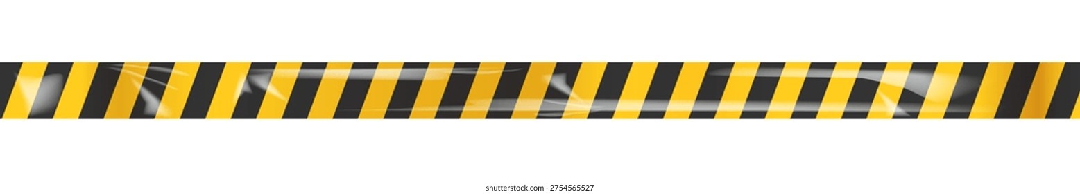 realistic yellow and black striped caution tape featuring natural plastic creases and reflections. This horizontal barrier tape is perfect for creating warning borders, construction site headers, or safety-themed designs. The clean, minimalist vector style allows for easy integration into web banners, posters, and social media content