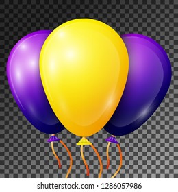 Realistic Yellow and Blue-Purple Balloons with ribbons isolated on transparent background. Vector illustration of shiny colorful glossy balloons for Birthday party