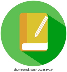 A realistic yellow book with a pencil in a green circle, isolated on white background. Vector icon.