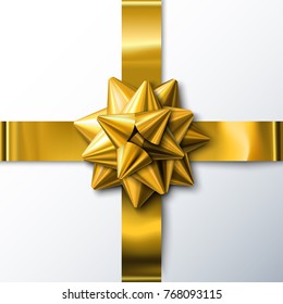 Realistic yellow bow crossing ribbons with transparent shadow. Vector illustration isolated. Festive decorative  gold element for design. Holiday glossy object for gift decoration 
