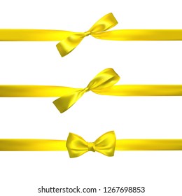 Realistic yellow bow with horizontal yellow ribbons isolated on white. Element for decoration gifts, greetings, holidays. Vector illustration.