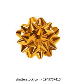 Realistic yellow bow made of gold ribbons. Isolated vector illustration. Festive decorative element for design. Holiday glossy gold ornament for decorating gifts, New Year, birthday, Valentine's Day.