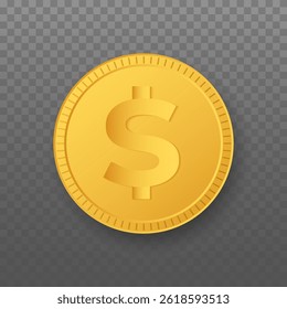 
Realistic yellow brass or gold coin different views. Embossed Dollar Sign and Star-Patterned Border on a Clean White Background with Soft Shadow. 3D golden coins. Payment and investment, bank.