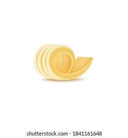 Realistic yellow butter curl isolated on white background - curled piece of butter or margarine made with fork. Vector illustration of rolled food shaving decoration