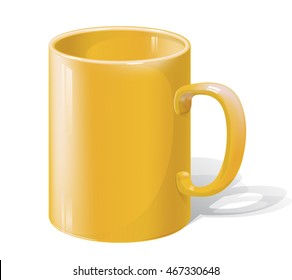 Realistic Yellow Coffee or Tea Cup Isolated on White Background. Design Template for Mock Up. Vector illustration
