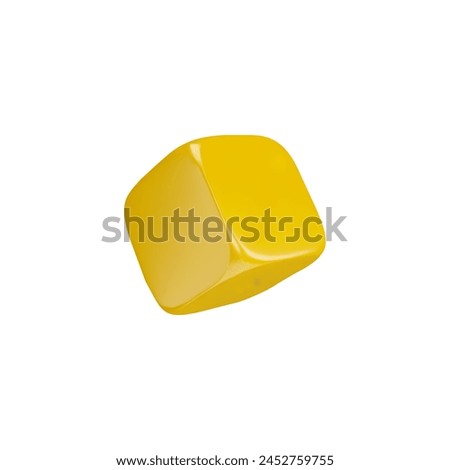 Realistic yellow cube with soft corners falling 3D vector. Games design, cubic toy, brick. Cartoon 3d volume plastic quadrilateral block, geometric shape figure isolated. Isometric glossy metal block