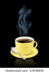 Realistic yellow cup filled with black classic espresso on black background vector illustration