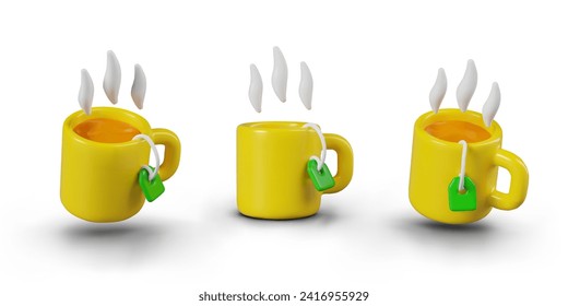 Taza amarilla realista con agua caliente y bolso de té con etiqueta verde. Composición con bebida caliente. Ilustración vectorial en estilo 3d con fondo blanco y sombra