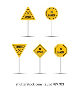 Realistic yellow danger road signs are isolated on a white background. Multiple shaped highway billboard design. Danger sign and icon collection. Five different shapes of cross icons.