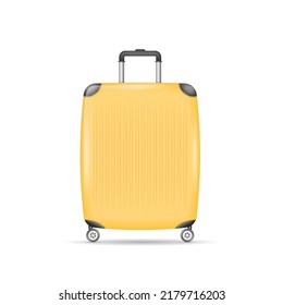 Realistic yellow detailed rolling suitcase, roller aboard, cabin luggage. Trolley case, flight bag on wheels for business trip, summer vacation, travel. 3d vector illustration