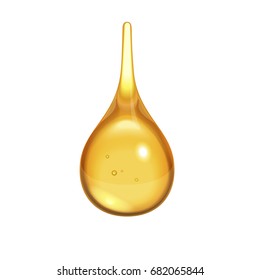 Realistic yellow drop. Golden all-purpose droplet of any liquid like a fresh juice, oil, fizzy water, lager, white wine, tincture, medical essence, cosmetic extract, petrol. Vector 3d isolated object.