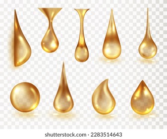 Realistic oil drops. Shine yellow droplets set. Honey liquid drop  collection, dripping transparent mashine oil vector. Stock Vector