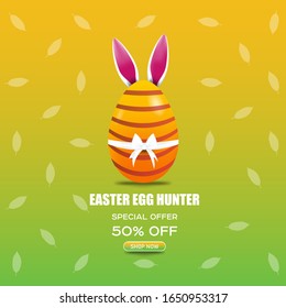 Realistic yellow Easter egg tied of white ribbon with a big bow and rabbit earson color background. Easter Sale poster and banner template with Easter Egg. ESP 10