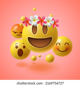 Realistic yellow emoticons with flower on head, summer concept, emoji with wreath flowers on head, pink background, vector illustration.