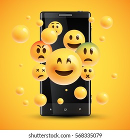 Realistic yellow emoticons in front of a cellphone, vector illustration