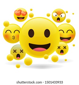 Realistic yellow emoticons in front of a white background. Cartoon emoji collection. 3d style vector illustration isolated on white background.