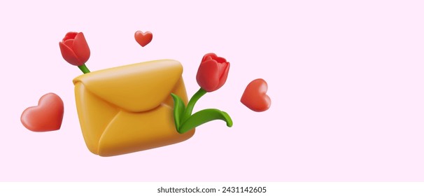 Realistic yellow envelope, red tulips, hearts. Love letter. Delivery of flowers with message