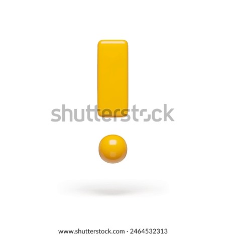 Realistic yellow exclamation mark, notification symbol on white. Exclamation icon with 3d effect. Warning attention mark symbol three-dimensional rendering vector illustration