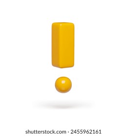 Realistic yellow exclamation mark symbol with shadow on white. Exclamation icon with 3d effect. Warning attention mark symbol three-dimensional rendering vector illustration