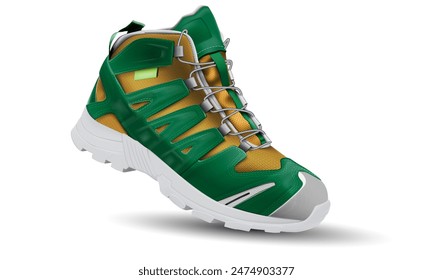 Realistic yellow fabric green leather white rubber hiking shoe safety rubber fabric on white design for men vector illustration.