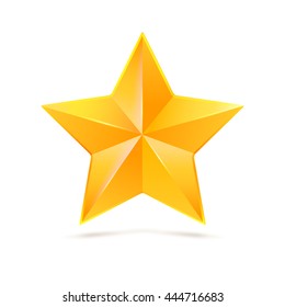 Realistic yellow five-pointed star. Symbol of victory in competitions or contests, template for your design. Illustration on white background.