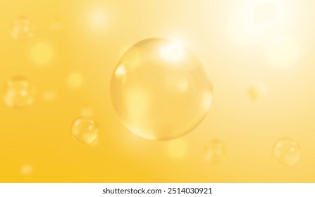 Textura de gel amarelo realista com bolhas de ar dentro. Ilustração vetorial de substância líquida com bolhas de óleo, produto cosmético, colágeno, produto cosmético de cuidados de beleza de hialurão. Estrutura molecular