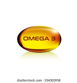 Realistic Yellow Gelatin Capsule With Omega 3, Isolated On White, Vector Illustration