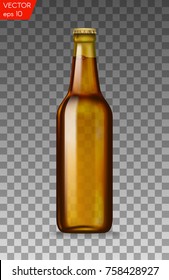 Realistic yellow glass beer bottles with drink isolated on a transparent background. Vector illustration. Template blank for product packing advertisement.