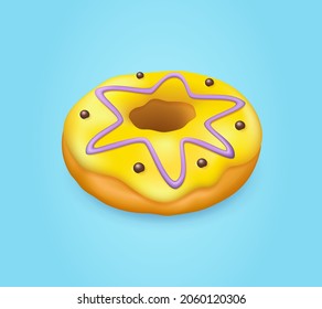 Realistic yellow glazed donut with sprinkles. 3d vector illustration on blue background