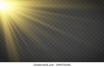 Realistic yellow glowing light explodes on a transparent background. Sunlight with rays. Blur in the light of radiance. Horizontal sun rays. Sunbeams special lens flare. Vector illustration.