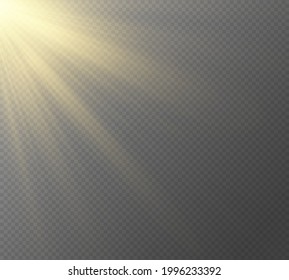 Realistic yellow glowing light explodes on a transparent background. Sunlight with rays. Blur in the light of radiance. Horizontal sun rays. Sunbeams special lens flare. Vector illustration.