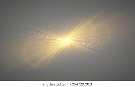 Realistic yellow glowing light explodes on transparent background. Sunlight with gold rays. Blur in the light of radiance. Sparkle sun rays. Sunbeams special lens flare. Golden star. Vector	