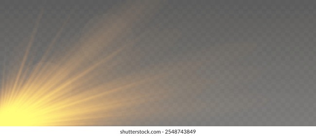 Realistic yellow glowing light explodes on transparent background. Sunlight with gold rays. Blur in the light of radiance. Sparkle sun rays. Sunbeams special lens flare. Golden star. Vector	