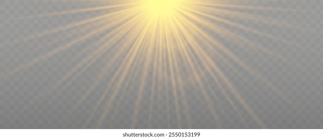 Realistic yellow glowing light explodes on transparent background. Sunlight with gold rays. Blur in the light of radiance. Sparkle sun rays. Sunbeams special lens flare. Golden star. Vector	