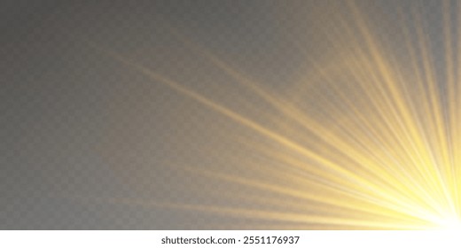 Realistic yellow glowing light explodes on transparent background. Sunlight with gold rays. Blur in the light of radiance. Sparkle sun rays. Sunbeams special lens flare. Golden star. Vector	