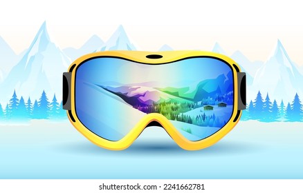 Realistic yellow goggles for skiing and snowboarding with alps, rocks on background. Winter sporting activity banner with colorful face equipment. Mirror glass with mountains view. Vector illustration