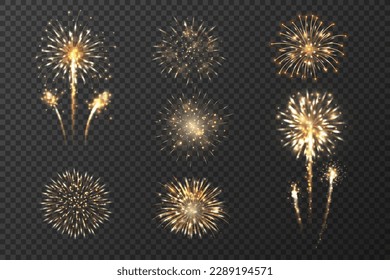 Realistic Yellow Golden Festive Firework Bursting, Fireworks Sparkling Set Isolated. Design Template for Celebrating Concept, Greeting Cards, Banners. Glowing Firework Collection. Vector Illustration