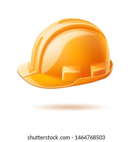 sombrero duro amarillo realista. Tercer casco para trabajadores de la construcción, ingenieros y empleados industriales. Símbolo del Día del Trabajo. Casco de seguridad para contratistas. Albañiles, constructores y equipo de albañilería.