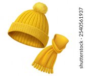 Realistic Yellow Hat with a Pompom, Scarf and Mitten Set Knitted Seasonal Winter Traditional Accessories with Ornament isolated Vector illustration with white background